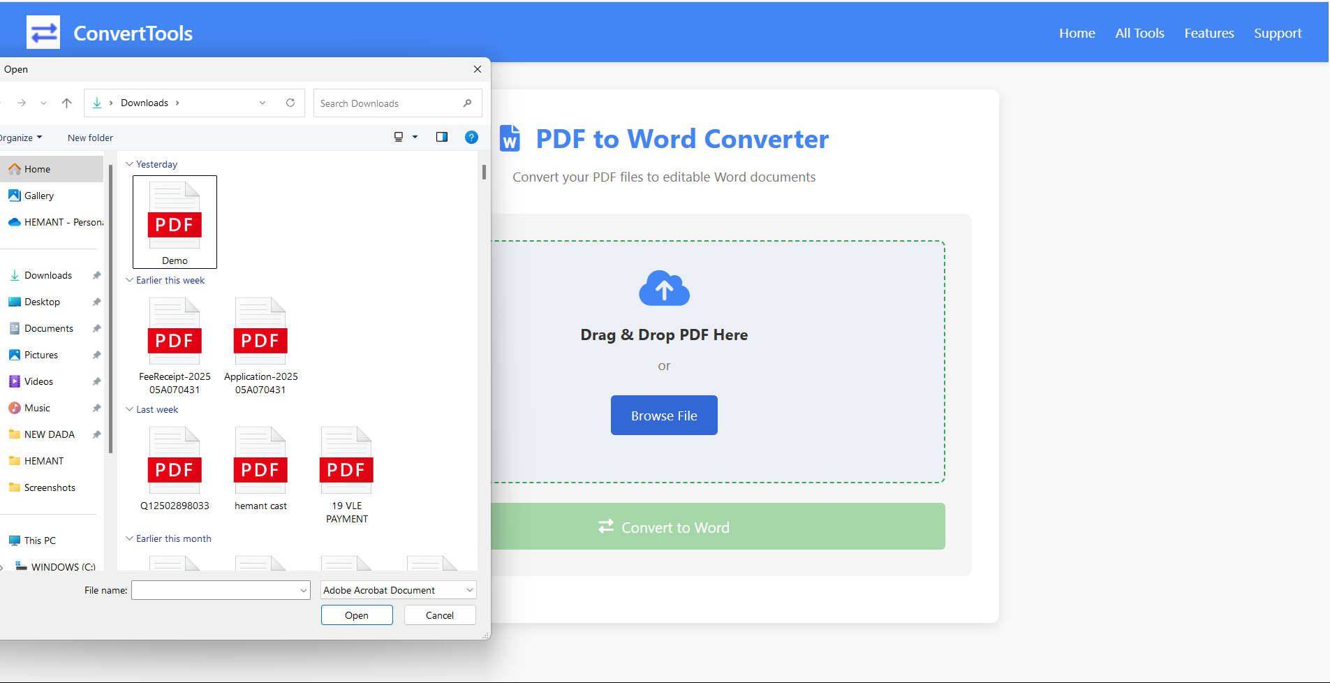 Uploading PDF file to ConvertTools.in